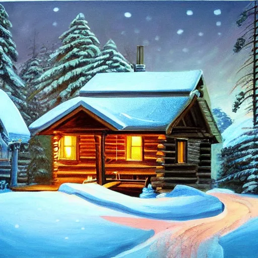 Image similar to realism painting of a log cabin in the woods, night, winter, soft lighting, highly detailed