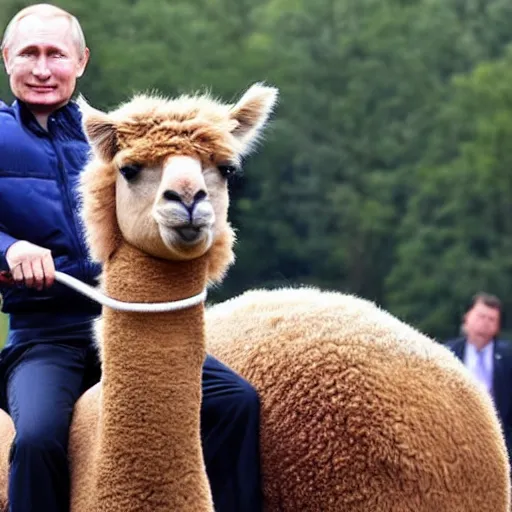 Image similar to vladimir putin riding a cute alpaca, epic shot