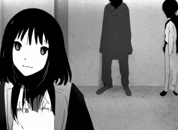 Prompt: serial experiments lain as a black and white 1 9 7 0 s japanese movie