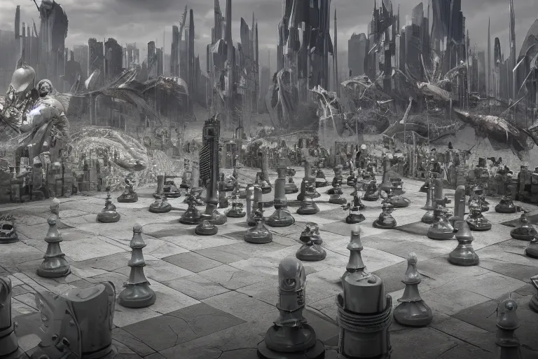 Image similar to A dystopian future in a larger than life-size game of Chess, evil, demonic, angelic, environment concept, Rendered in Octane, trending on artstation, cgsociety, moody lighting rendered by octane engine, environment 8K artstation, cinematic lighting, intricate details, 4k detail post processing, hyperealistic, octane render, photo realism