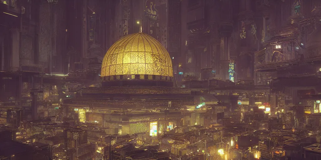 Image similar to Photorealistic cyberpunk mosque in crowded Tokyo night, with great domes and arches. Hyperdetailed photorealism, UHD, amazing depth, glowing rich colors, golden ration, 3D octane cycle unreal engine 5, 3d shading, cinematic lighting, artstation concept art