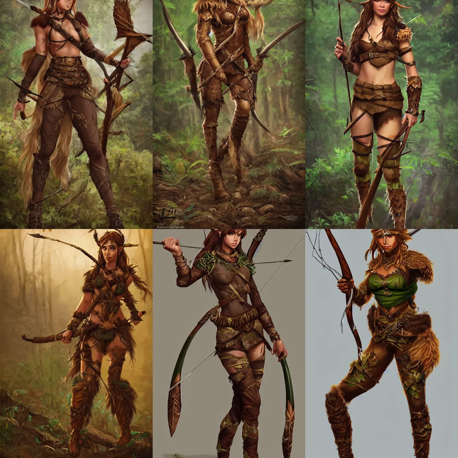 Prompt: Gorgeous Jungle Ranger, brown armor, thick bow, ornamental arrows, savage, leggings, high fantasy, elf, brown hair, artstation