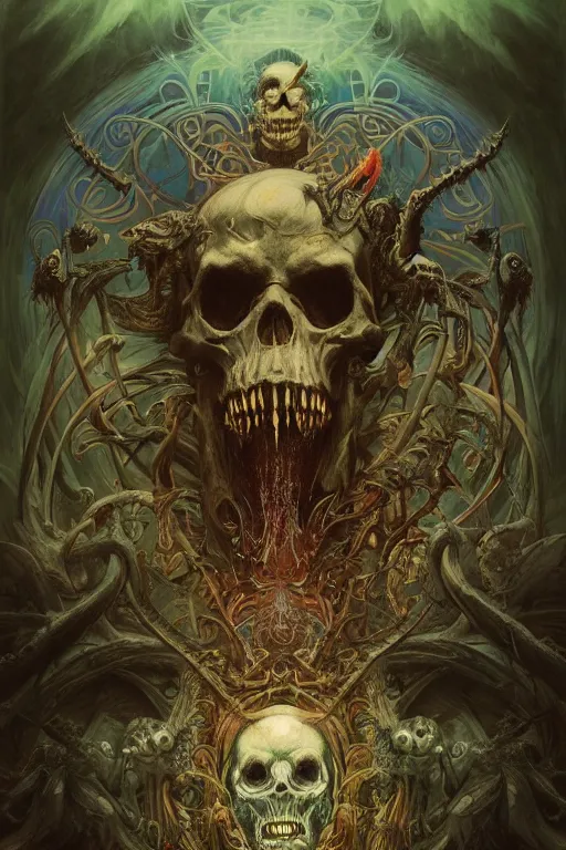 Image similar to evil gigantic demonic skull lord of death, psychedelic fantasy painting, ultra realistic, wide angle, art nouveau, intricate details, rainbowshift, vivid colors, highly detailed by peter mohrbacher, h. r. giger, maxfield parrish, gaston bussiere, gustave dore, craig mullins, octane render, cgi
