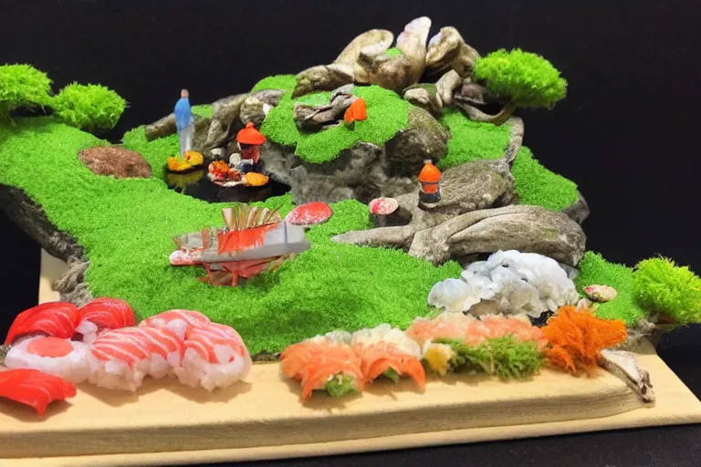 Image similar to miniature island made of sushi, diorama picture, 5 5 mm, sushi - island