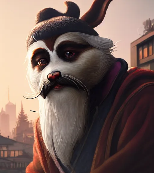 Image similar to Highly detailed portrait of homeless Master shifu, in GTA V, Stephen Bliss, unreal engine, fantasy art by Greg Rutkowski, Loish, Rhads, ferdinand knab, Makoto Shinkai and Lois van baarle, ilya kuvshinov, rossdraws, Tom Bagshaw, global illumination, radiant light, detailed and intricate environment