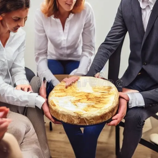 Prompt: a corporate meeting with people around a wood table looking at a huge camembert, soft lighting, high quality stock picture