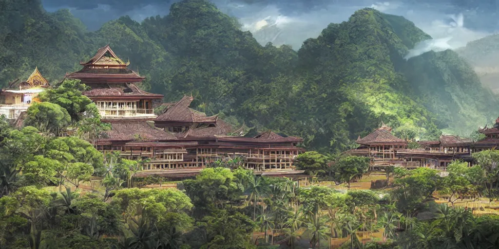 Prompt: Sprawling imposing grand royal Filipino palace with a grand staircase leading up the palace, 6 storeys, native Filipino architecture, located atop a rice field in a valley, beside a great chasm, digital painting, concept art by Shaddy Safadi