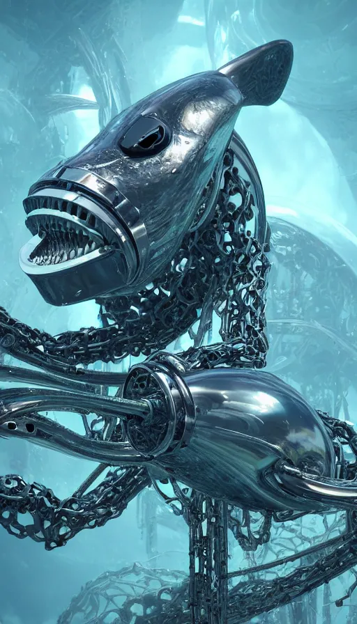 Prompt: summoning a beautiful biomechanical orca spirit from the ocean, organic and robotic, made up of many bits of metal, skin, and plastic, shiny, metallic, cyberpunk, post apocalyptic, hyper realistic, epic angle, octane render unreal engine render, 8k, super detailed, SLEEK!!!