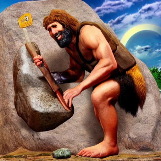 Prompt: caveman with a rock computor