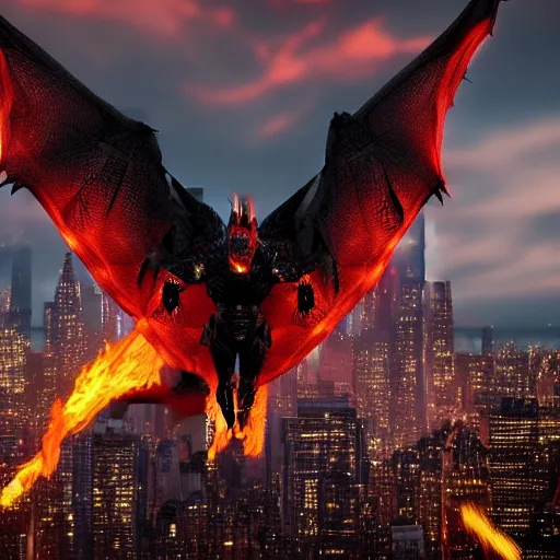 Image similar to a black dragon with red eyes, and flaming fire out his mouth, flying through the sky, above new york city. Unreal Engine, Cinematic, 8K hyperrealistic, live-action.