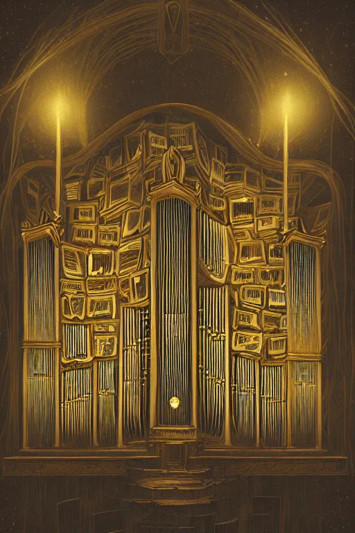 Image similar to illustration of close low angle view of an pipe organ made of books with gold spidery embellishments, night, smoke, ground fog, by vincent di fate, large depth of field, super detailed, digital art, trending on artstation, ornate