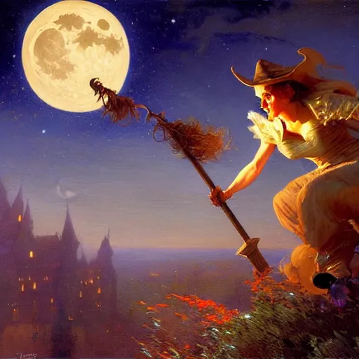 Image similar to witch flying riding a broom, trough the night, fantasy, full moon in background. highly detailed painting by gaston bussiere, craig mullins, j. c. leyendecker 8 k