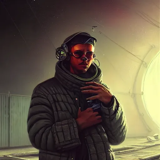 Image similar to A portrait of a cyberpunk thug on the street of Soviet sleeping quarters on the moon, Norilsk, sci-fi, fantasy, intricate, very very beautiful, elegant, highly detailed, digital painting, artstation, concept art, smooth, sharp focus, illustration, art by artgerm and greg rutkowski and alphonse mucha