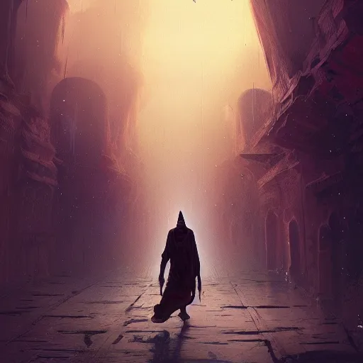 Image similar to Hyperdetailed masterpiece concept art of bedouin walking towards mosque, surrounded by nebula hyperdetailed concept art by Greg Rutkowski and Ross Tran, high quality DnD illustration, trending on ArtStation, all rights reserved Wizards of the Coast