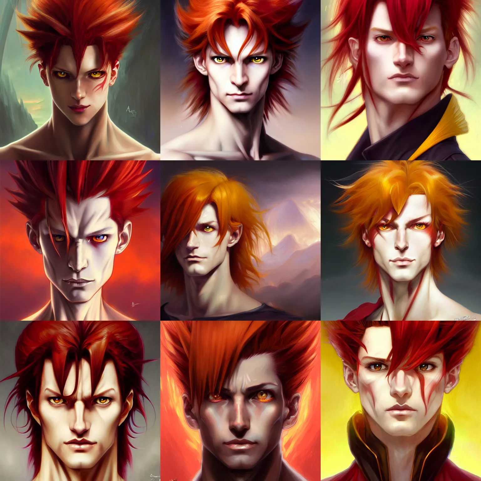 Image similar to portrait of hisoka morow hunter hunter, male, sharp jaw yellow eyes narrow sultry eyes red hair soft hair swept back crimson medium length hair, anime, fantasy, intricate, elegant, highly detailed, digital painting, artstation, concept art, matte, sharp focus, illustration, art by artgerm and greg rutkowski and alphonse mucha