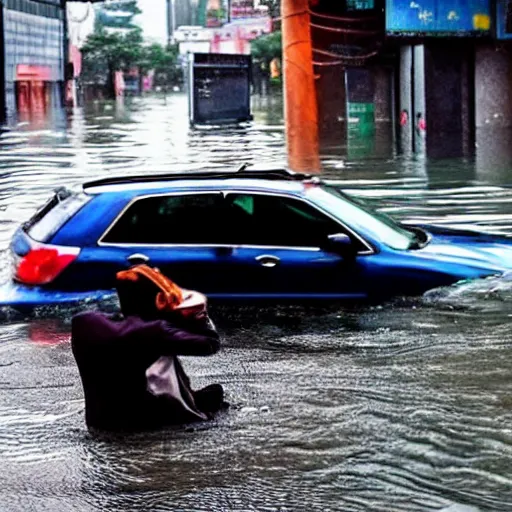 Prompt: seoul city is flooded by heavy rain. A guy with suit is sitting on the top of the A car is middle of the street flooded. Ghibli style