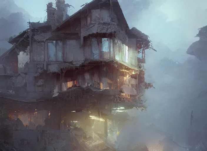 Prompt: new one beautiful house among destroyed world volumetric lighting, digital painting, highly detailed, artstation, sharp focus, illustration, concept art, ruan jia, steve mccurry, amazing composition