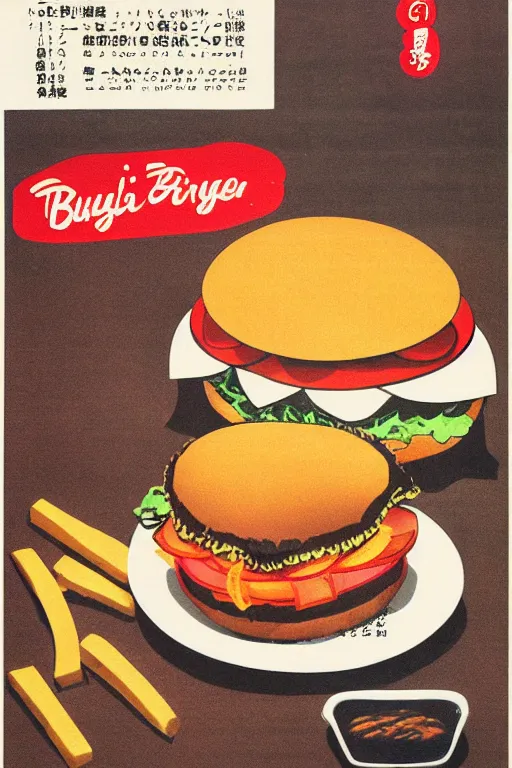 Prompt: burger and fries advertisment, still life, 1 9 7 0 s japan shouwa advertisement, print, nostalgic