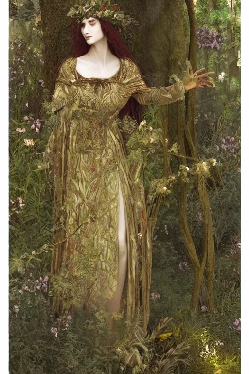 Prompt: beautiful antlered priestess of the forest in a garden | pre-Raphaelites | green and gold silk brocade| floral embroidery |dramatic lighting | Evelyn De Morgan and John Waterhouse |unreal engine