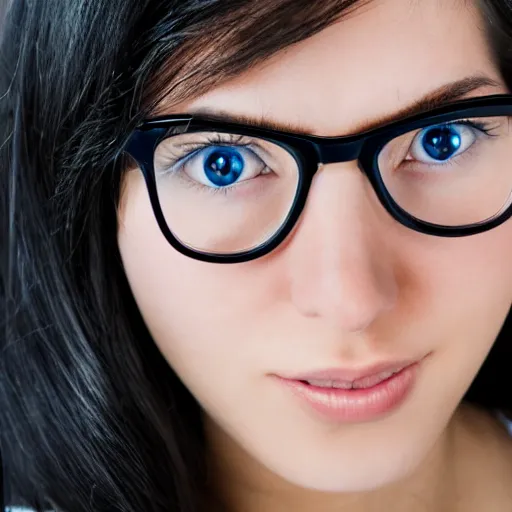 Prompt: close up photograph of a 2 5 yo girl with long black hair, cute nose, blue eyes and round glasses