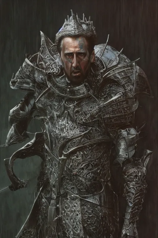 Prompt: Nicolas Cage as knight, dark fantasy, intricate, highly detailed, smooth, artstation, painted by Wayne Barlowe, Greg Rutkowski, zdislav beksinski, Francis Bacon