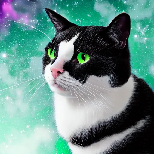 Image similar to Portrait of a black and white cat mob boss in space with colorful bright green eyes, medium shot, hd, 8k, hyper-realism, detailed, octane 8k,