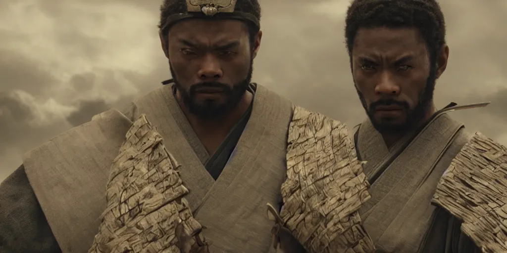 Image similar to a film still of a black man starring in a japanese blockbuster film as ancient samurai, intense, shallow depth of field, cinematic, award winning cgi, vfx, film still