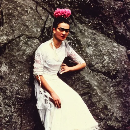 Image similar to a vintage photo of Frida kahlo rock climbing and wearing a wedding dress, 8k