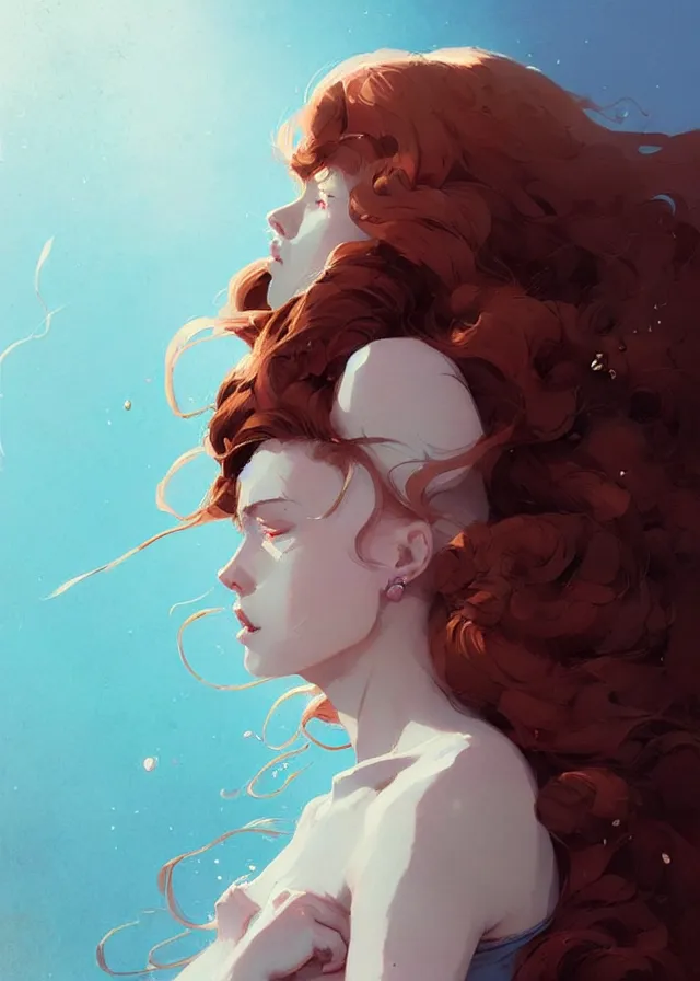 Image similar to beautiful artistic - wave highly detailed full - body portrait female, front facing, long red hair, by atey ghailan, by greg rutkowski, by greg tocchini, by james gilleard, by joe fenton, by kaethe butcher, dynamic lighting, gradient light blue, brown, blonde cream and white color scheme, grunge aesthetic