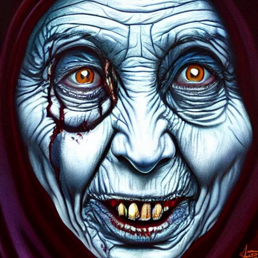 Image similar to a hyperrealistic painting of mother theresa as a zombie buy jason edmiston, hd, sharp focus,