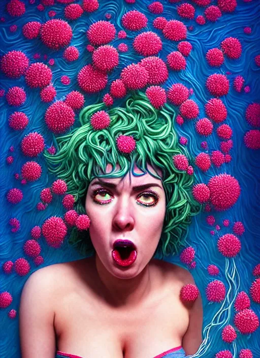 Image similar to hyper detailed 3d render like a Oil painting - Ramona Flowers with wavy black hair wearing thick mascara seen sticking her tongue out Eating of the Strangling network of colorful yellowcake and aerochrome and milky Fruit and Her staring intensely delicate Hands hold of gossamer polyp blossoms bring iridescent fungal flowers whose spores black the foolish stars by Jacek Yerka, Mariusz Lewandowski, silly face, Houdini algorithmic generative render, Abstract brush strokes, Masterpiece, Edward Hopper and James Gilleard, Zdzislaw Beksinski, Mark Ryden, Wolfgang Lettl, Dan Hiller, hints of Yayoi Kasuma, octane render, 8k