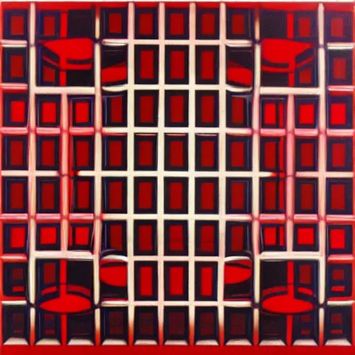 Prompt: chrome spheres on a red cube by victor vasarely