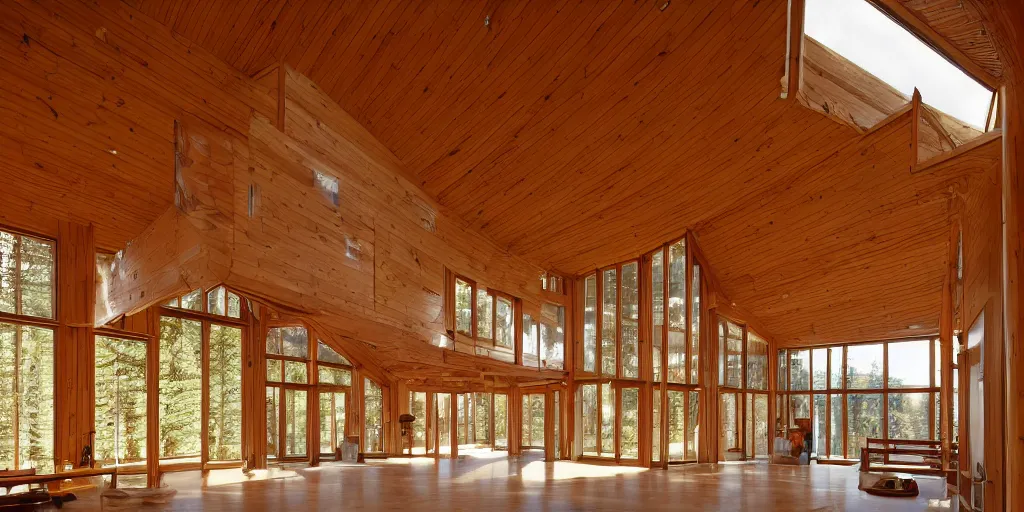 Prompt: large modern longhouse of chief seattle, golden light, emanating from tall rectangular windows, cedar wood, clean, comfortable, cozy, Washington State