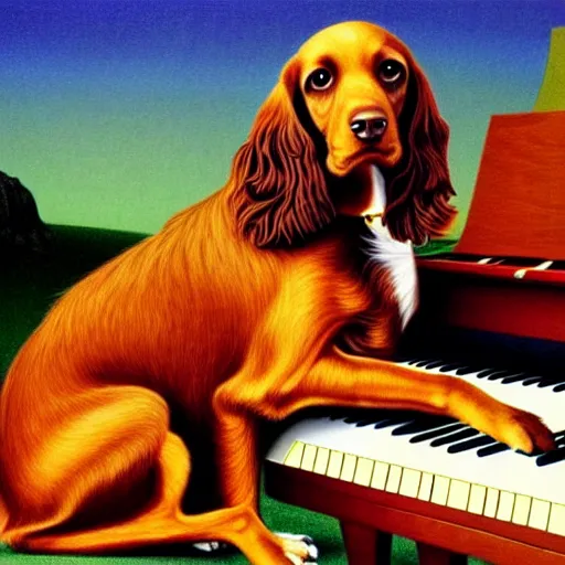 Image similar to a brown spaniel with a white chest , sat down playing a grand piano. surrealism. Artwork adult swim style, no text