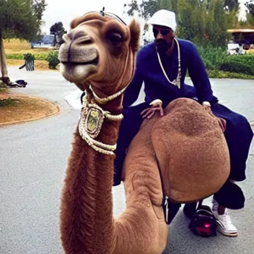 Image similar to snoop dogg riding a camel