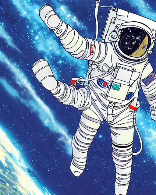 Prompt: astronaut with a damaged suit floating in space, desaturated colors, art by makoto shinkai and alan bean, yukito kishiro