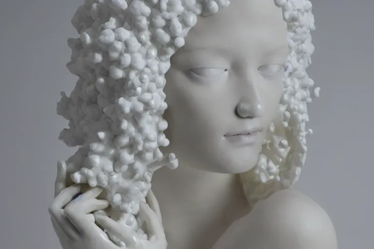 Image similar to full head and shoulders, beautiful female white, porcelain sculpture by daniel arsham and james jean, on a white background, delicate facial features, white eyes, white lashes, lots of 3 d perspex spheres attached to head with gold liquid flowing