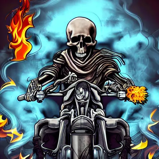 Prompt: extremely badass art of a cloaked skeleton holding guns on a motorcycle with a bunch of fire