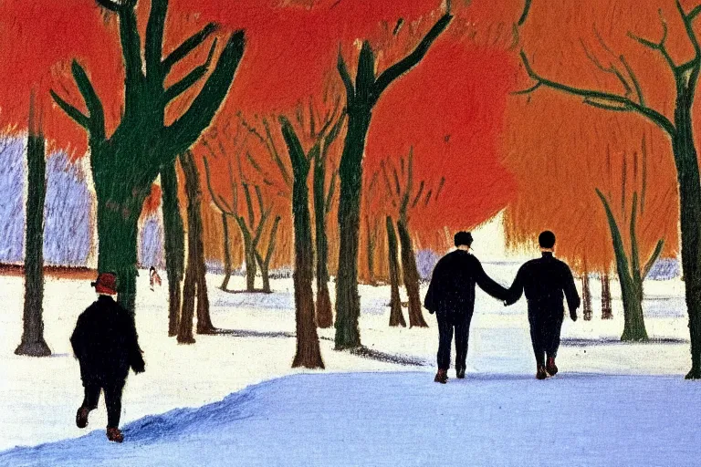 Image similar to a very tall man named John with dark hair holding the hands of a short young boy named Alex with dark hair as they walk in a park on a bright beautiful winter day. part in the style of an edgar degas painting. part in the style of david hockney