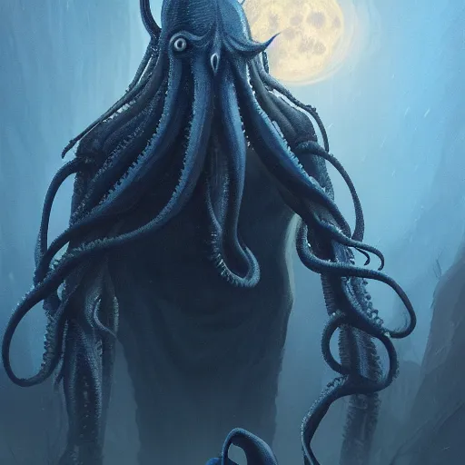 Image similar to a digital painting of cthulu standing in the distance, silhuette, huge creature, face with tentacles, back lighting, dramatic scene, detailed, night time, full moon, in the style of greg rutkowski