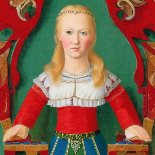 Prompt: a close up portrait of a germanic princess with blonde hair and blue eyes sitting on a wooden throne. she wears a green and red dress. highly detailed