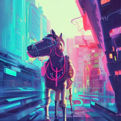 Image similar to a graph style gauche impasto, steampunk horse, cyberpunk art by james gilleard, city depth of field, cgsociety, retrofuturism, synthwave, retrowave, outrun, paint, high quality.