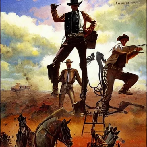 Image similar to cowboys shoot it out with a very tall cyborg in a western town, 1890s, dynamic, by tom lovell and frank schoonover and dean cornwell and phil hale