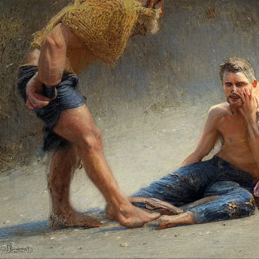 Image similar to man stuck in asphalt, smooth digital painting by Gaston Bussiere, photorealistic