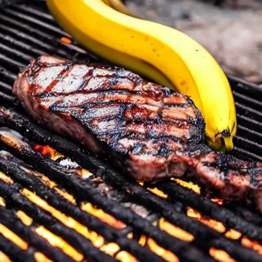 Prompt: a banana cooking on a charcoal grill, steak looks like banana