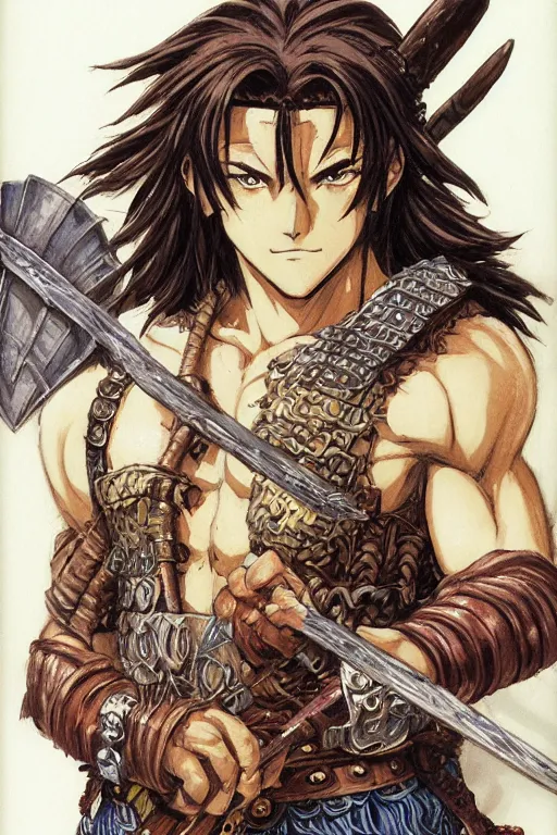 Prompt: A realistic anime portrait of a young handsome male barbarian with long wild hair, intricate fantasy spear, plated armor, vivid colors, colored, D&D, dungeons and dragons, tabletop role playing game, rpg, jrpg, digital painting, by Frank Frazetta and Yusuke Murata, concept art, highly detailed, promotional art, HD, digtial painting, trending on ArtStation, golden ratio, rule of thirds, SFW version