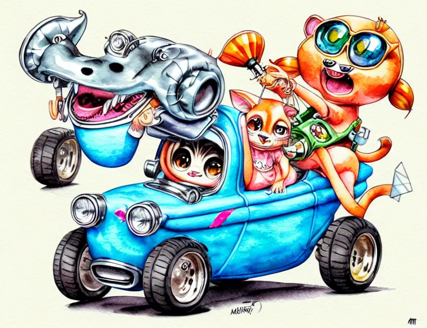 Prompt: cute and funny, margay riding in a tiny hot rod with engine, ratfink style by ed roth, centered award winning watercolor pen illustration, isometric illustration by chihiro iwasaki, edited by range murata, tiny details by artgerm and watercolor girl, symmetrically isometrically centered