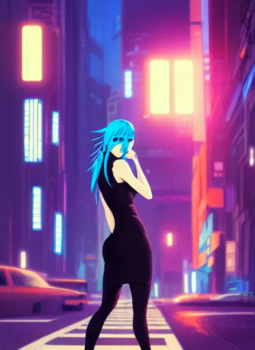 Image similar to hyper realistic photograph portrait of cyberpunk pretty girl with blue hair, wearing a tight black dress, in city street at night, by makoto shinkai, ilya kuvshinov, lois van baarle, rossdraws, basquiat