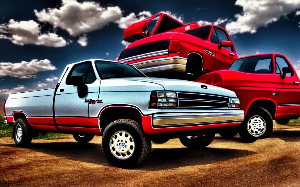 Prompt: 1 9 9 0 s dodge ram truck driving over and crushing ford trucks photo 4 k