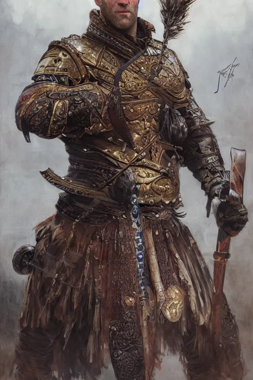 Image similar to jason statham ultra realistic illustration, mongol horse archer warrior in style armor from 1 9 3 2, sci - fi, fantasy, intricate, elegant, highly detailed, digital painting, artstation, concept art, smooth, sharp focus, illustration, art by artgerm and greg rutkowski and alphonse mucha